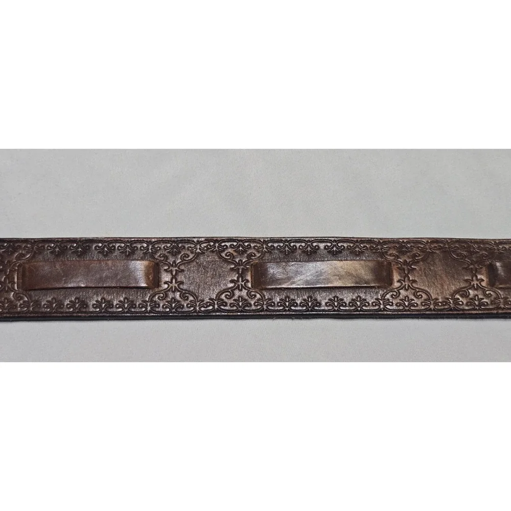 Vtg Genuine Soft Leather Brown Embossed Belt Bronze Buckle 34-38